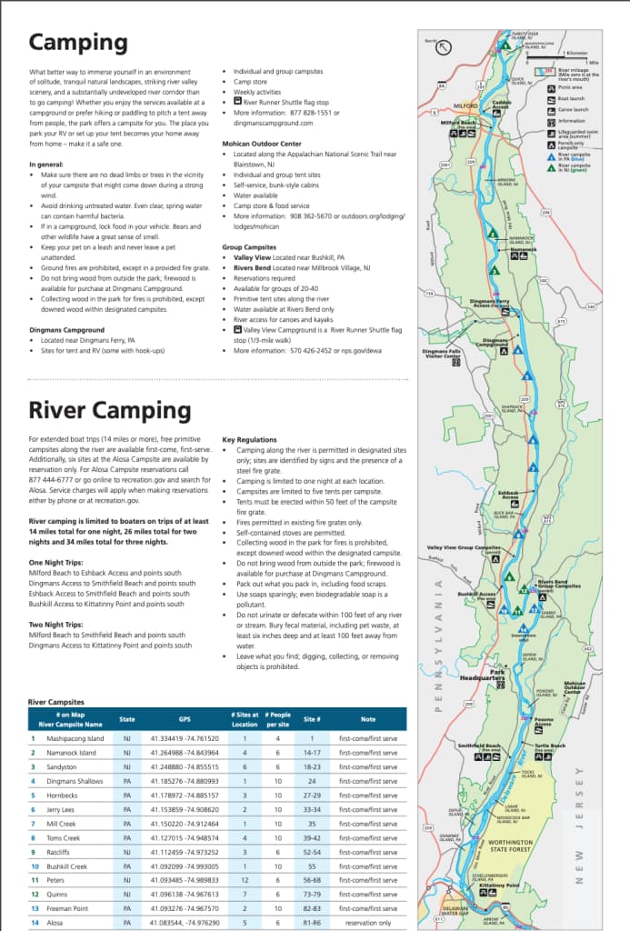 River campsites map — northern section (click to enlarge)
